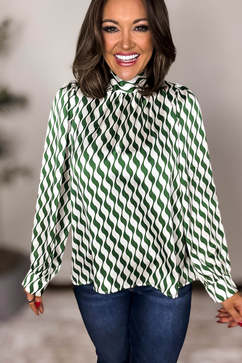 Geometric Green Print Back-Tie Top