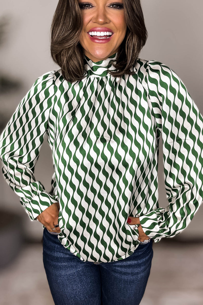 Geometric Green Print Back-Tie Top