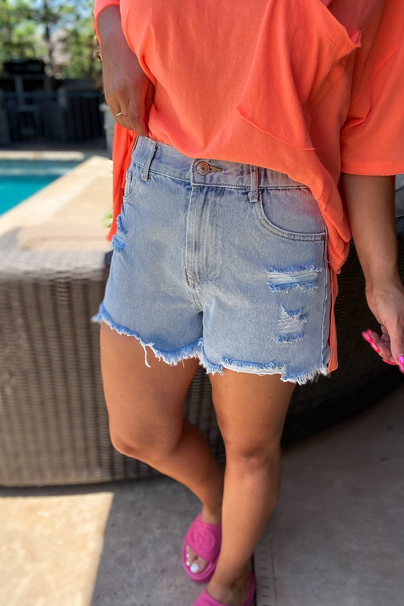 Bold Basics Distressed Light Blue Denim Shorts