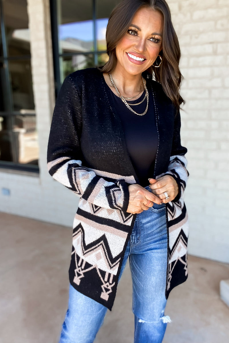 Confident In Herself Black And Ivory Tribal Cardigan