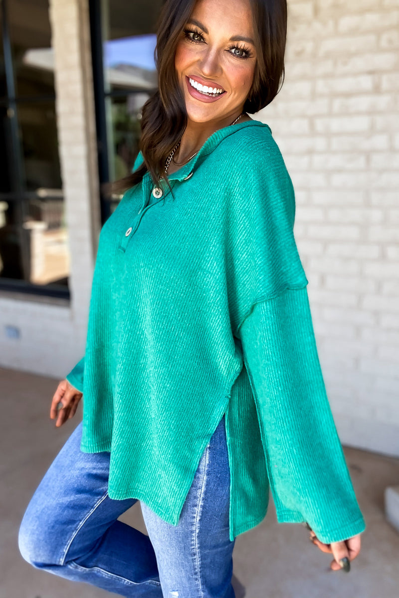 Ready For Anything Kelly Green Ribbed Brushed Henley Sweater