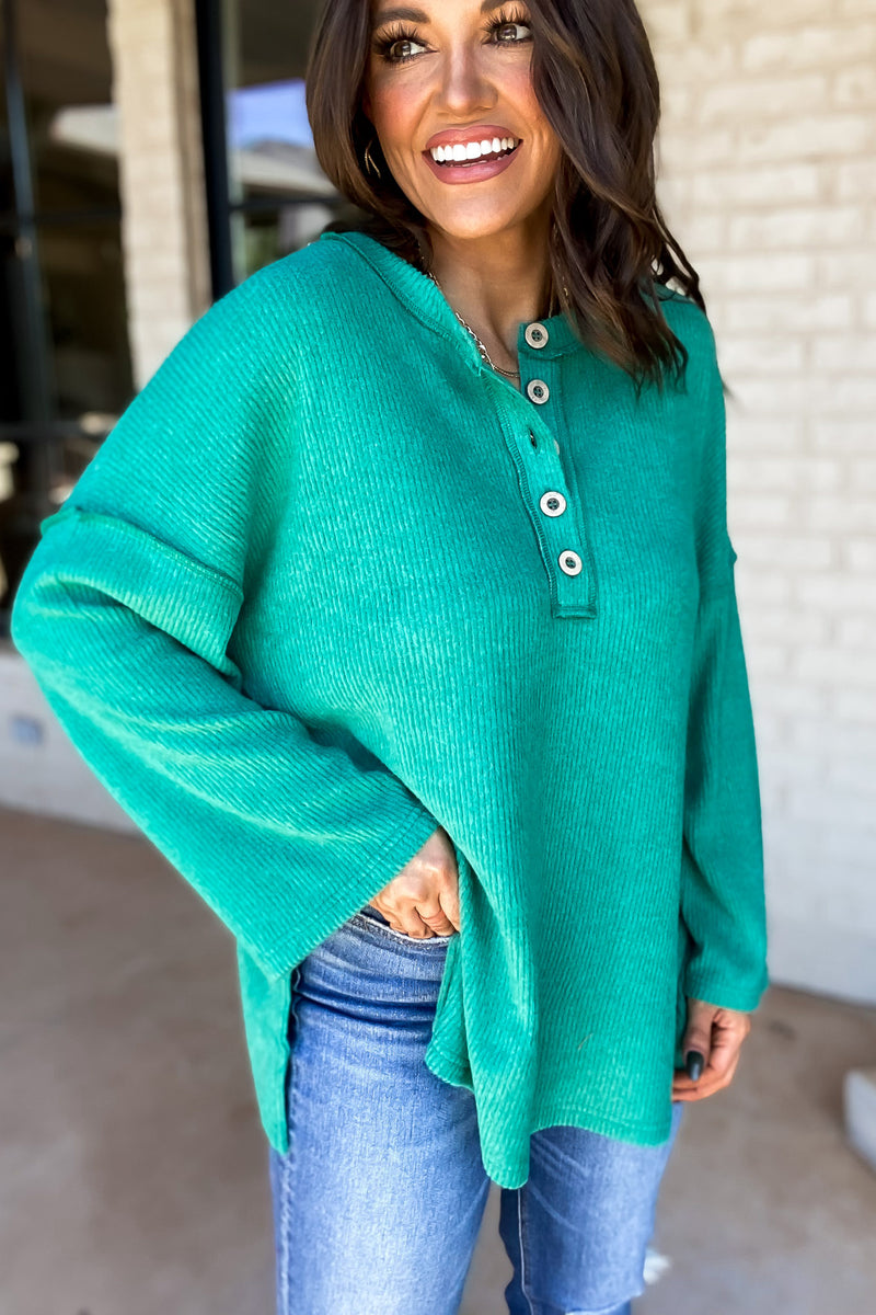 Ready For Anything Kelly Green Ribbed Brushed Henley Sweater