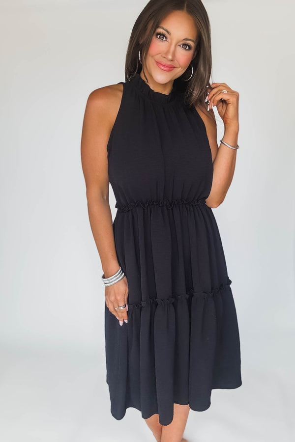 Halter Neck Black Tiered Layered Elastic Waist Dress