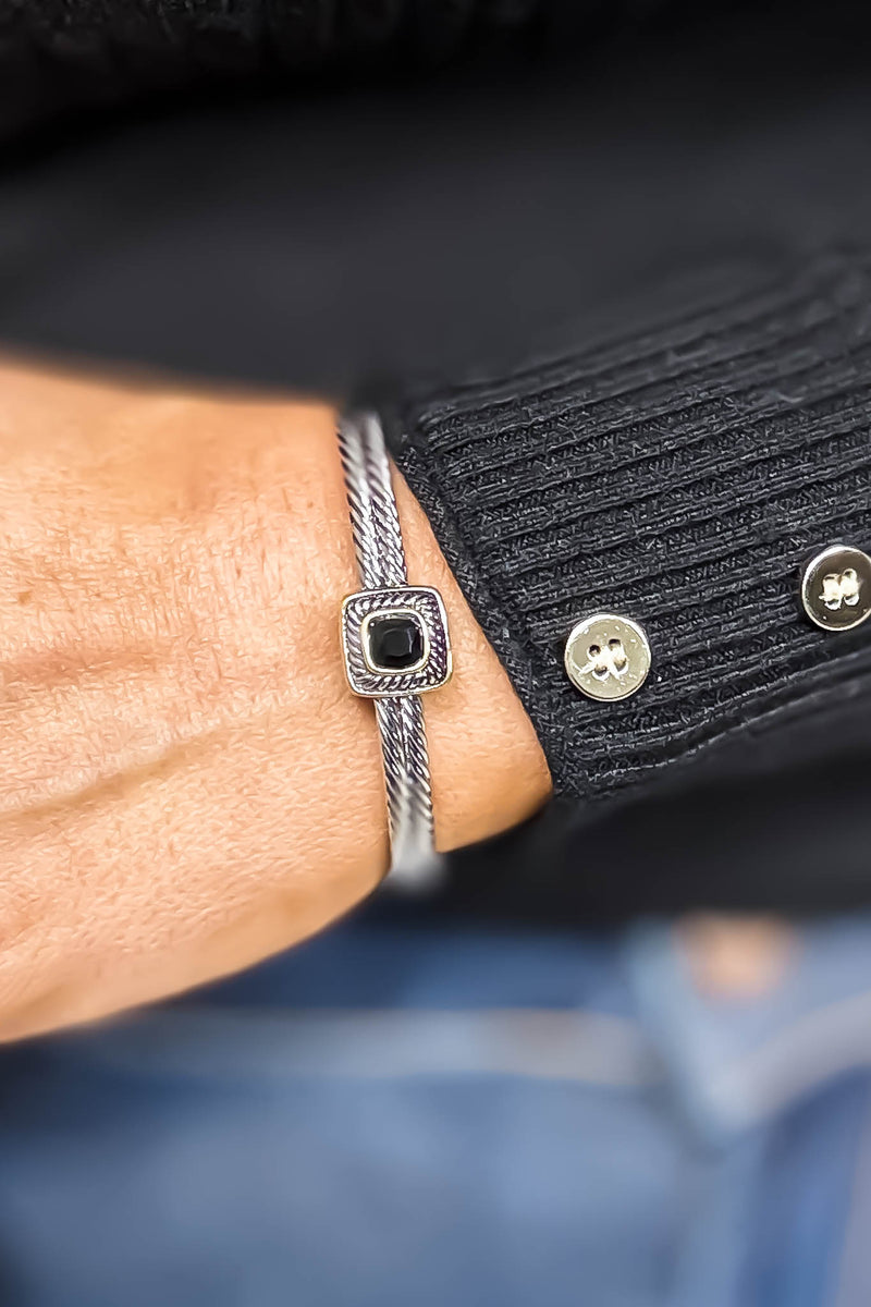 Cushion Cut Black Double Cable Fashion Cuff Bracelet