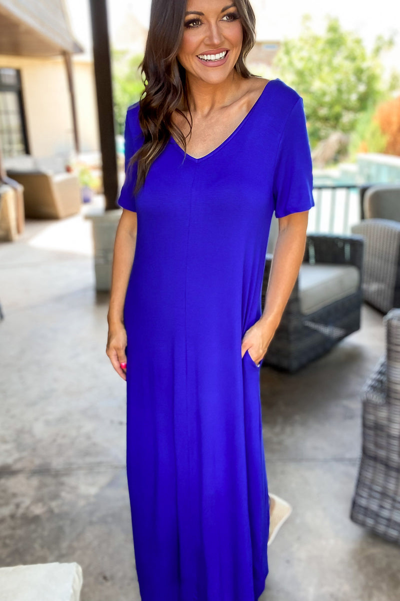 Enjoy The Day Royal Blue Basic Short Sleeve V Neck Maxi Dress