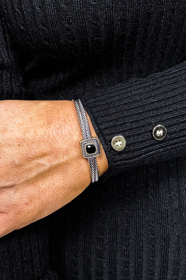 Cushion Cut Black Double Cable Fashion Cuff Bracelet