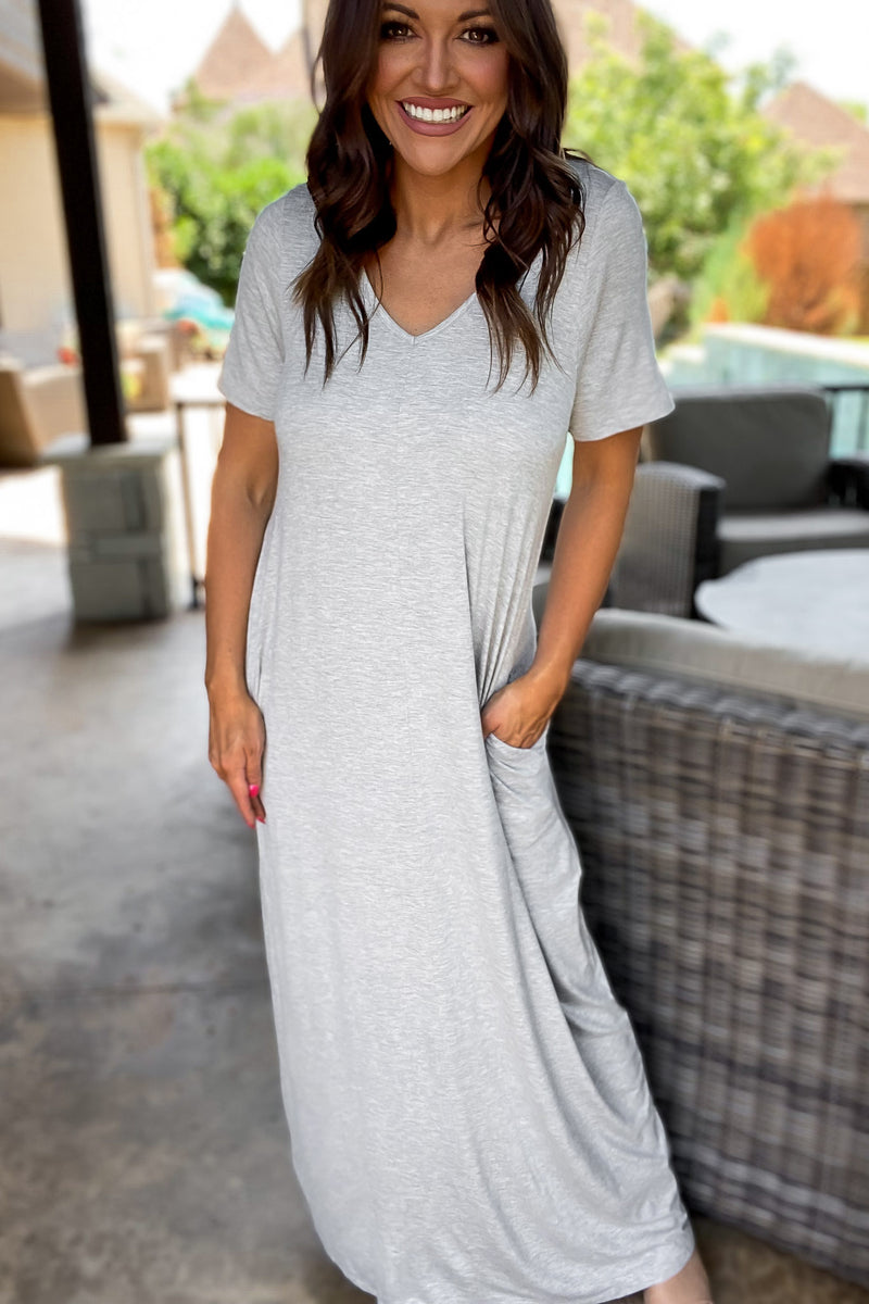 Enjoy The Day Heather Grey Basic Short Sleeve V Neck Maxi Dress