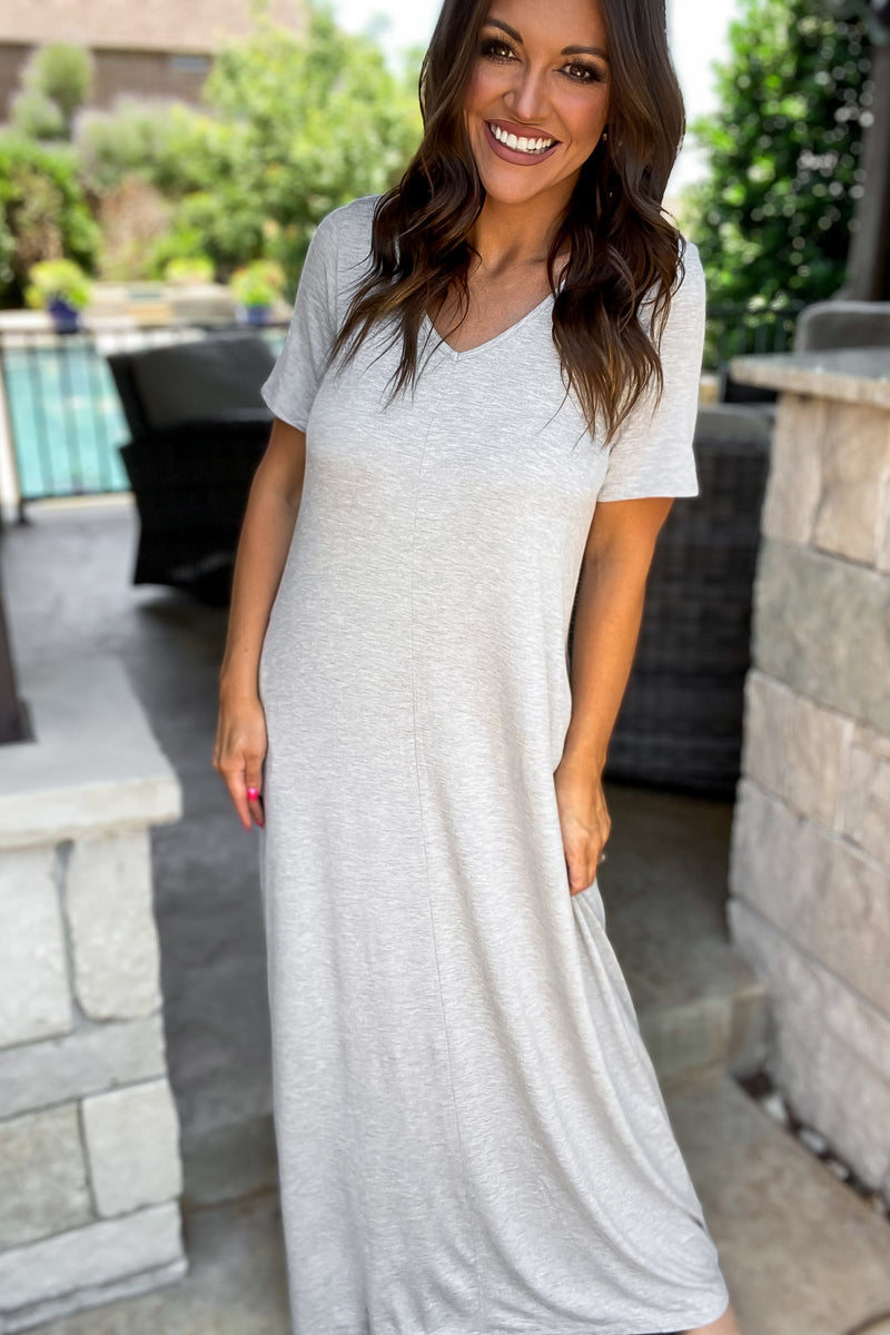 Enjoy The Day Heather Grey Basic Short Sleeve V Neck Maxi Dress