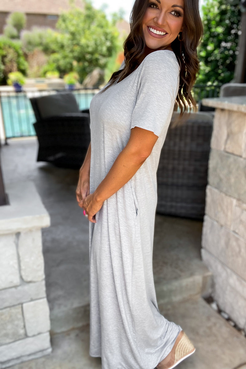 Enjoy The Day Heather Grey Basic Short Sleeve V Neck Maxi Dress