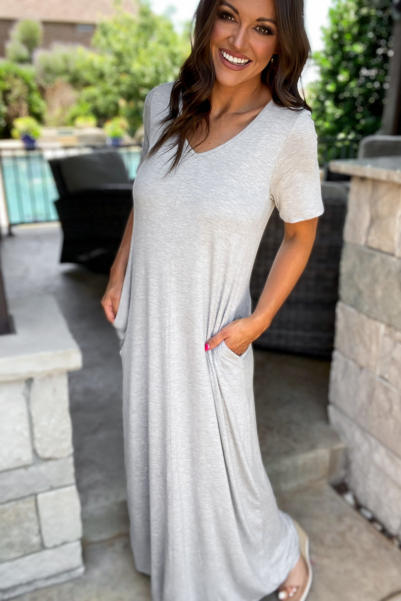 Enjoy The Day Heather Grey Basic Short Sleeve V Neck Maxi Dress