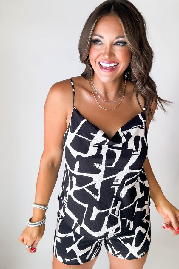 Vibrant Black And Ivory Print Cowl Neck Airflow Top