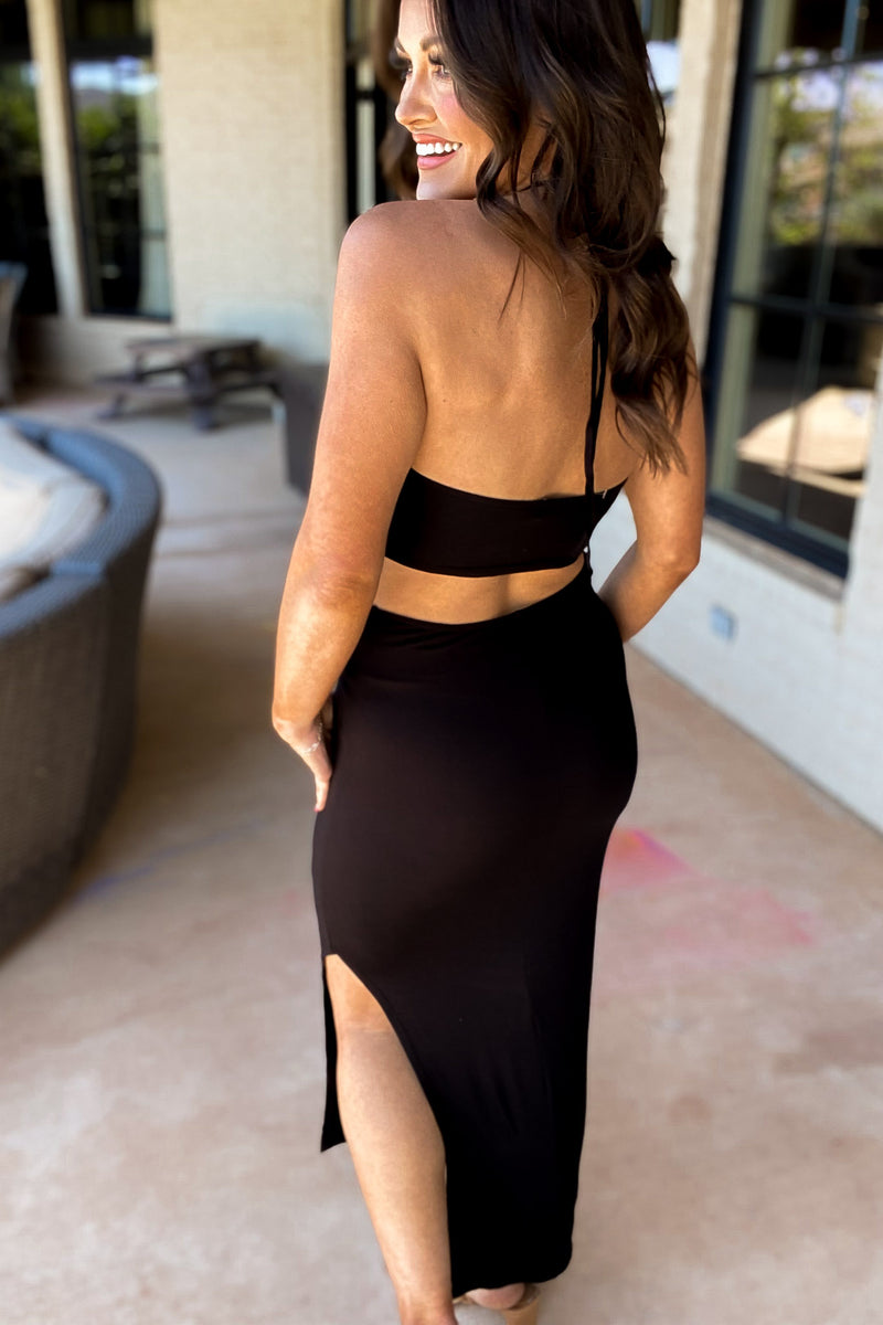 A Cut Above The Rest Black Cut Out Tie Back Knot Front Dress Stella Rae's A Cut Above The Rest Black Cut Out Tie Back Knot Front Dress Stella Rae's