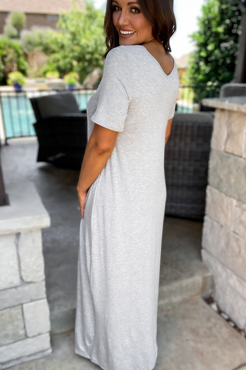 Enjoy The Day Heather Grey Basic Short Sleeve V Neck Maxi Dress