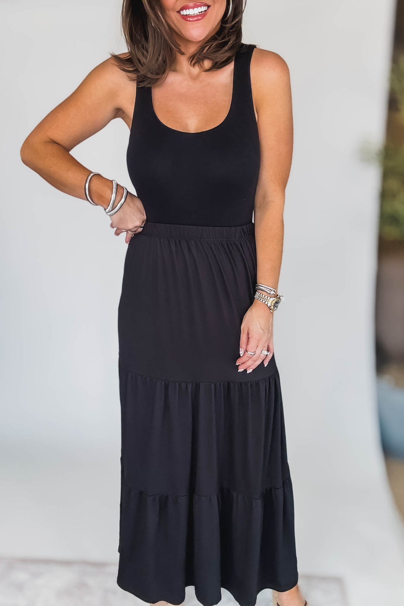 Floating Dreams Black Tiered Midi Maxi Skirt