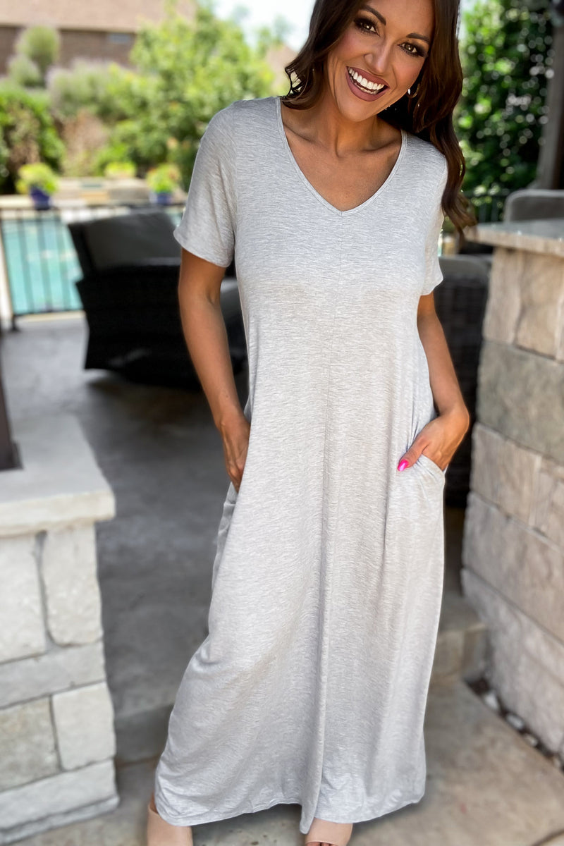 Enjoy The Day Heather Grey Basic Short Sleeve V Neck Maxi Dress