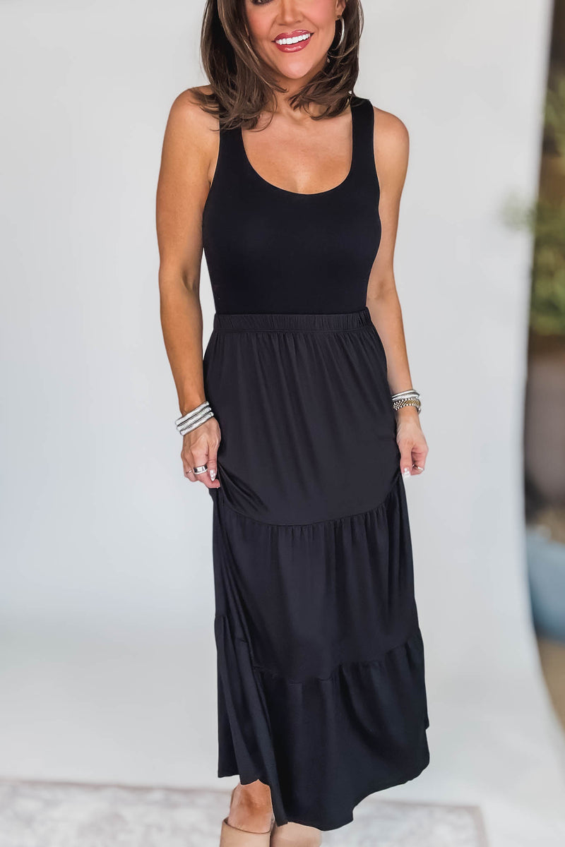 Floating Dreams Black Tiered Midi Maxi Skirt