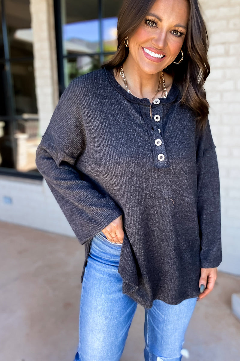 Ready For Anything Black Ribbed Brushed Henley Sweater