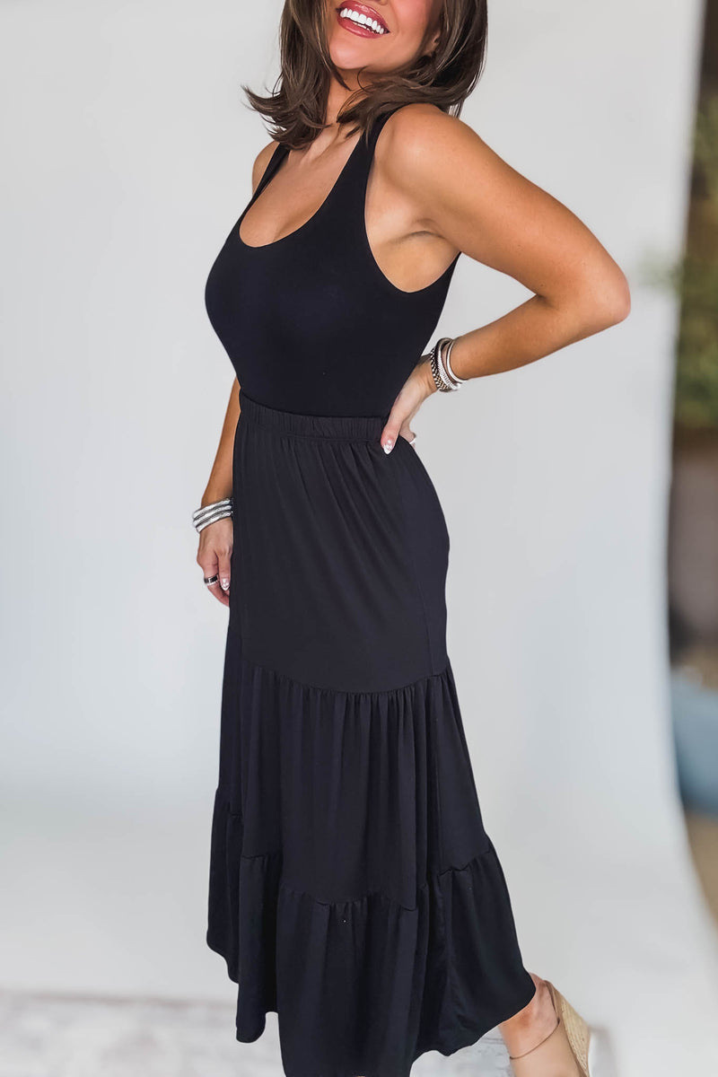 Floating Dreams Black Tiered Midi Maxi Skirt