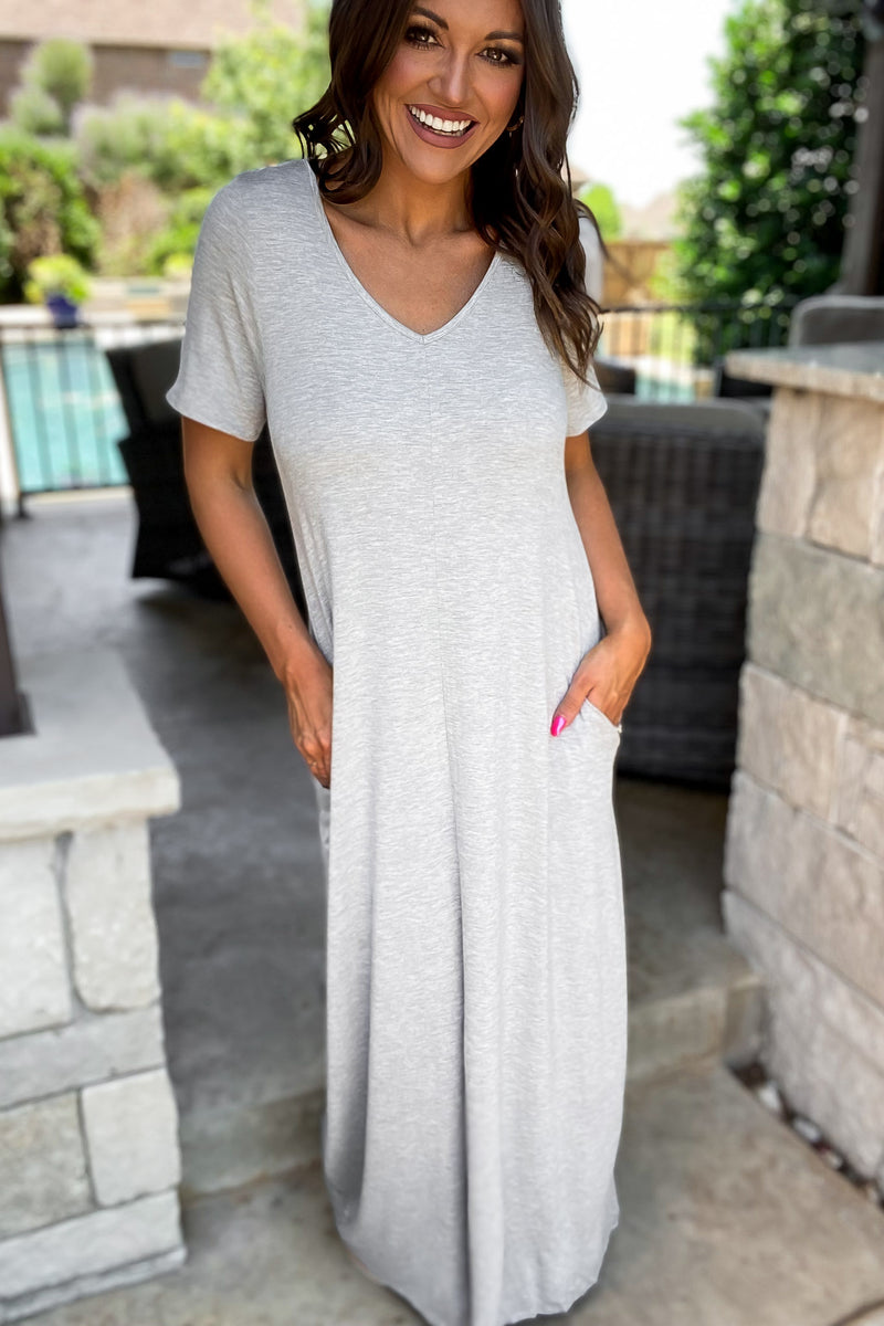 Enjoy The Day Heather Grey Basic Short Sleeve V Neck Maxi Dress