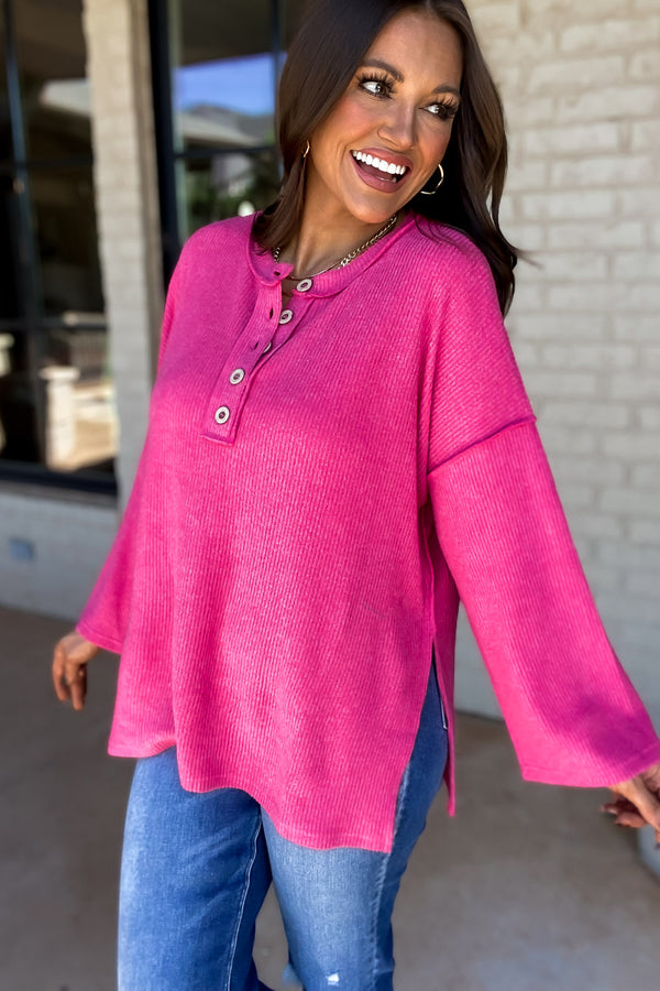 Ready For Anything Fuchsia Ribbed Brushed Henley Sweater