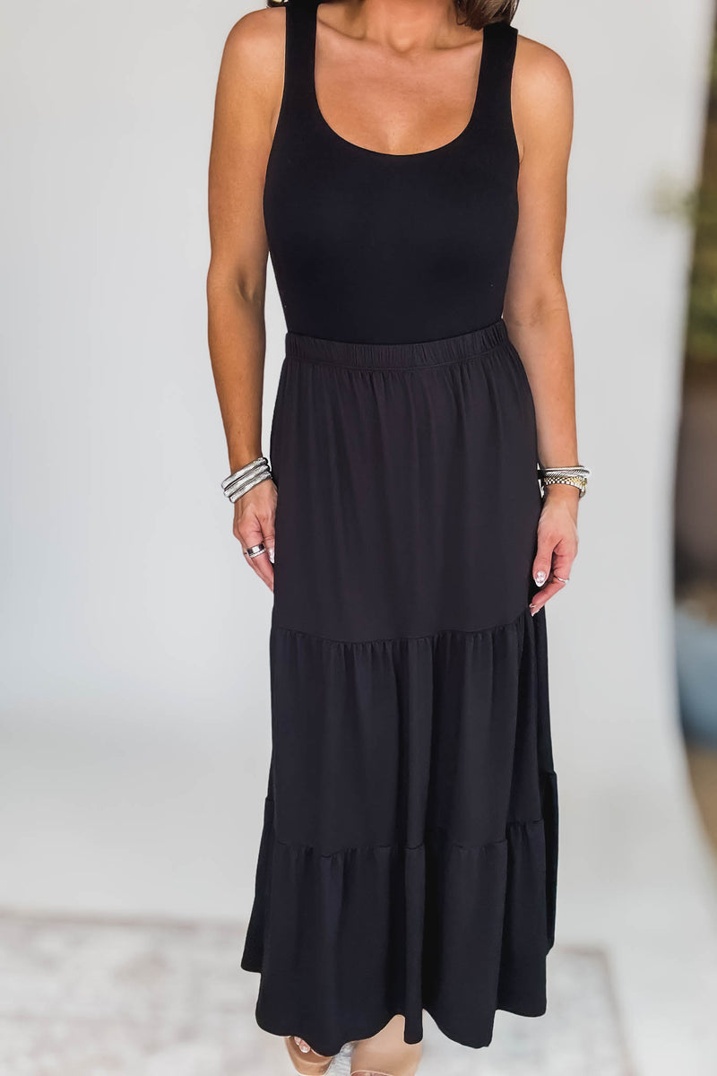Floating Dreams Black Tiered Midi Maxi Skirt