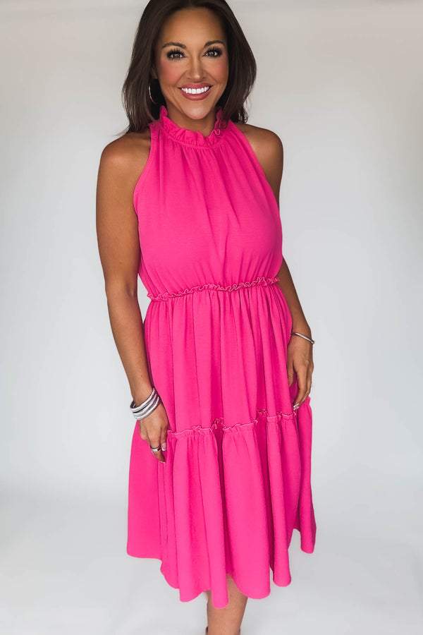 Halter Neck Fuchsia Tiered Layered Elastic Waist Dress
