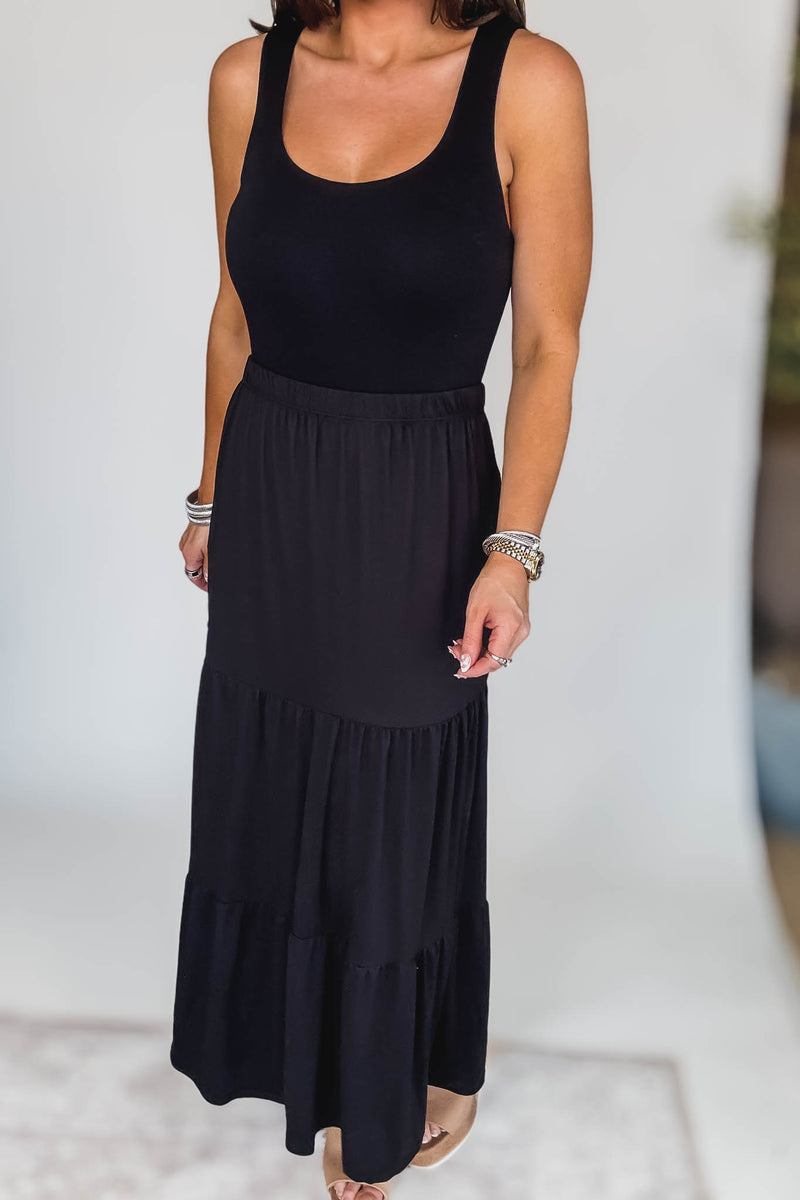 Floating Dreams Black Tiered Midi Maxi Skirt
