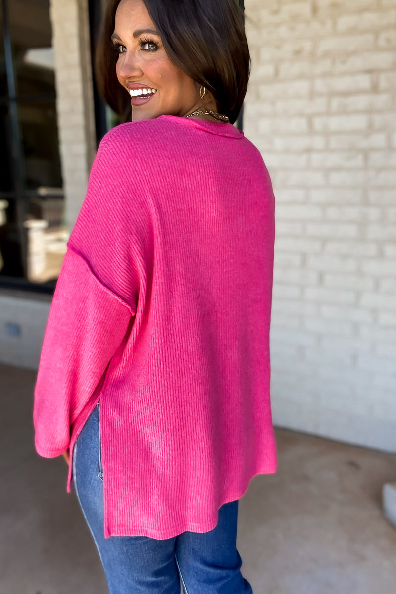 Ready For Anything Fuchsia Ribbed Brushed Henley Sweater