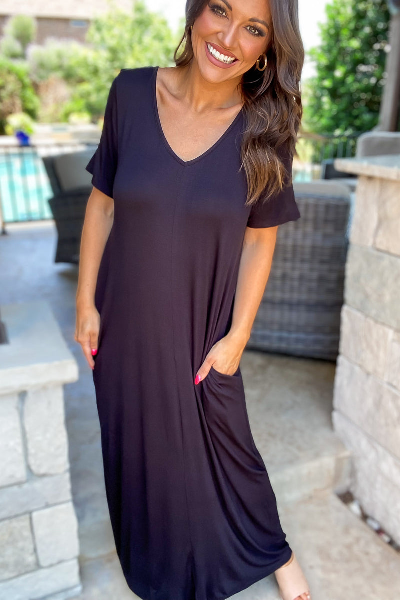 Enjoy The Day Black Basic Short Sleeve V Neck Maxi Dress