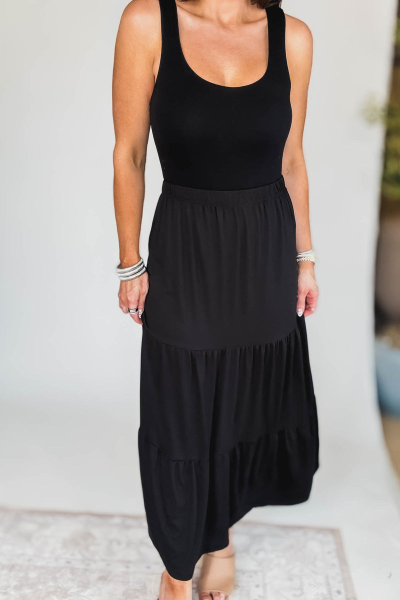 Floating Dreams Black Tiered Midi Maxi Skirt