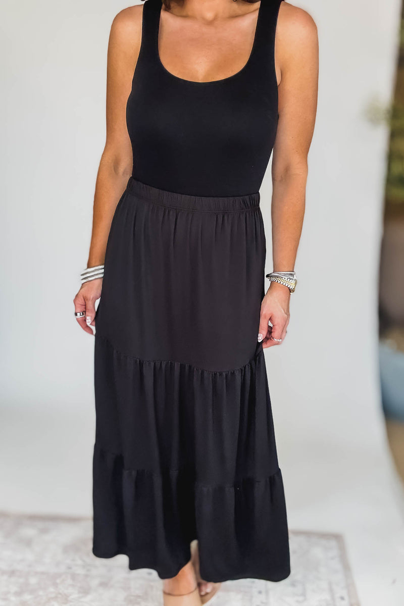 Floating Dreams Black Tiered Midi Maxi Skirt