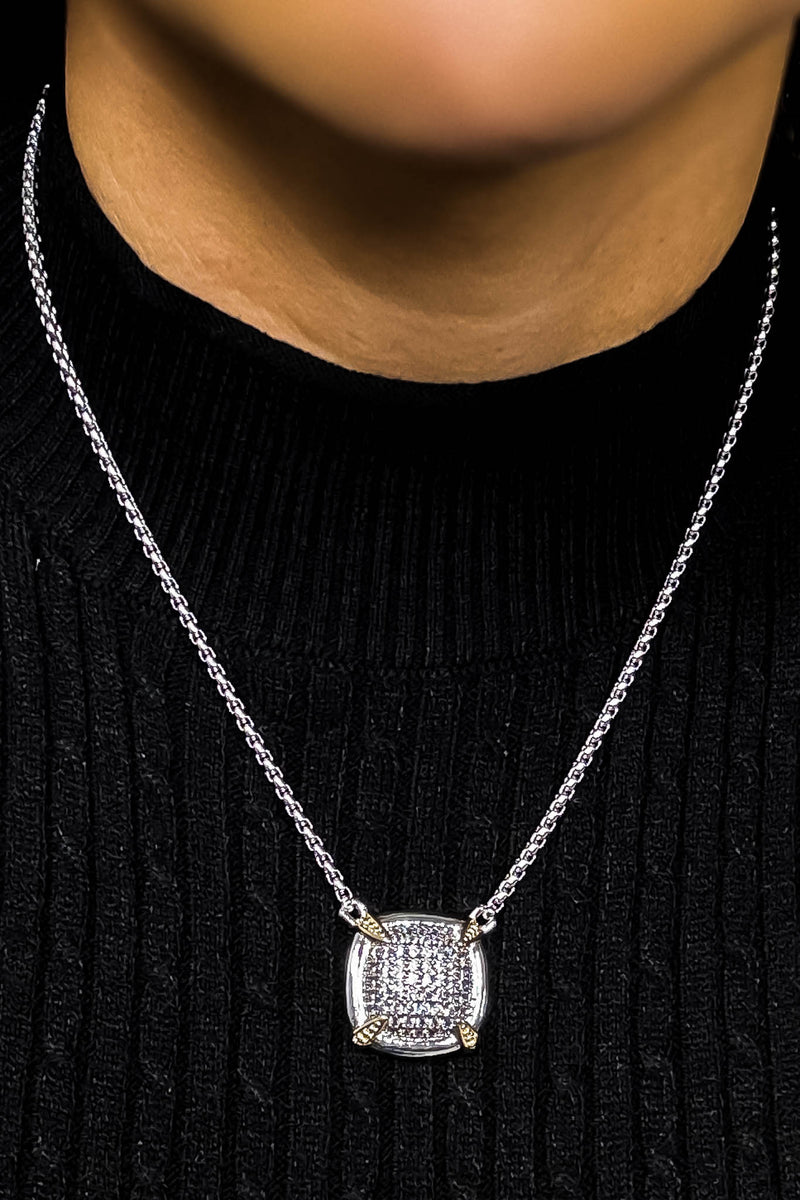 14K Gold Plated CZ Stone Paved Square Necklace