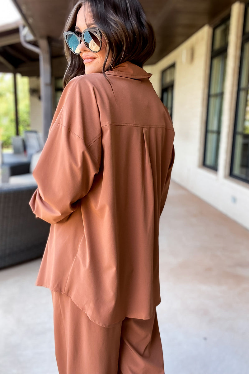 Start A Conversation Camel Button Down Top