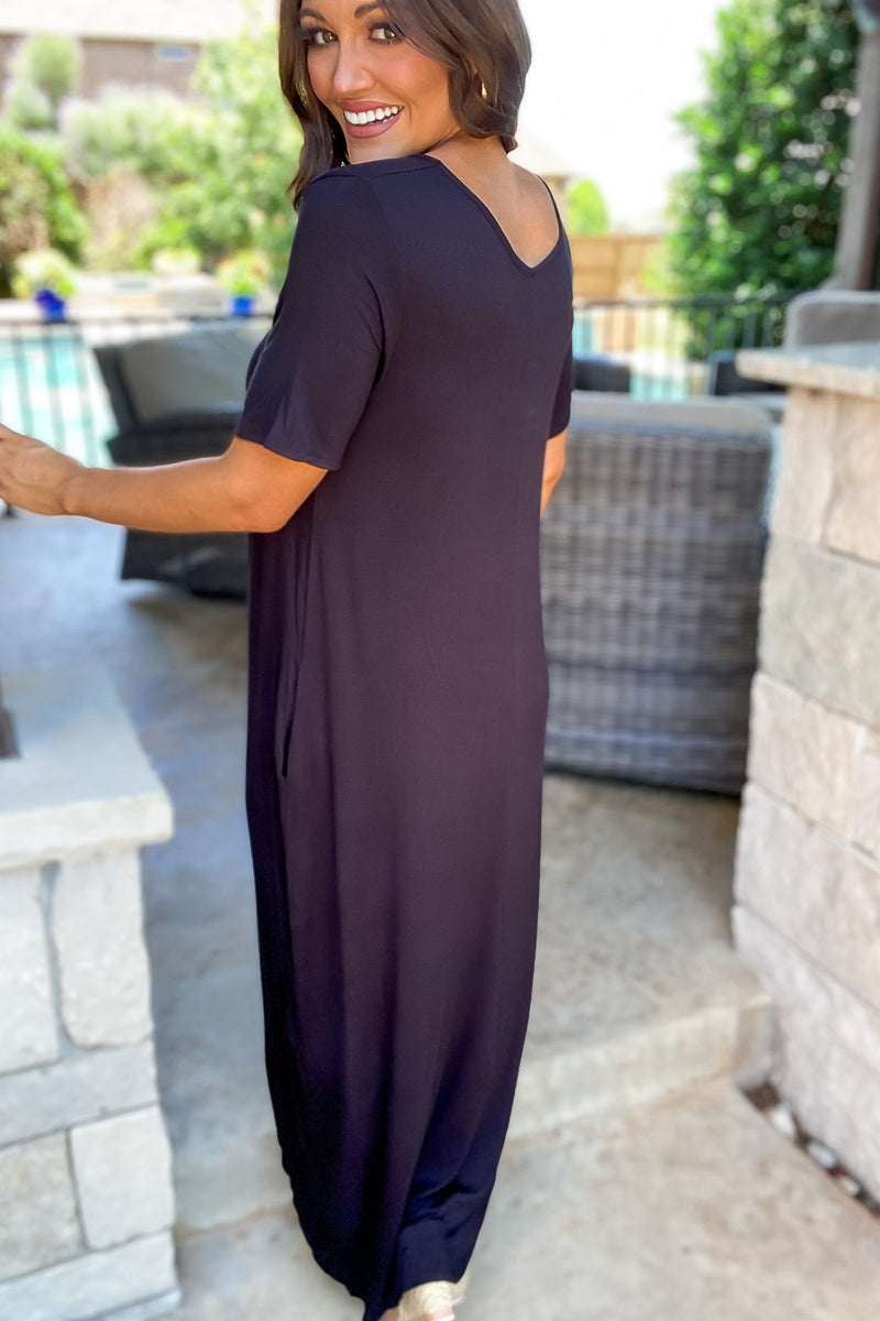 Enjoy The Day Black Basic Short Sleeve V Neck Maxi Dress