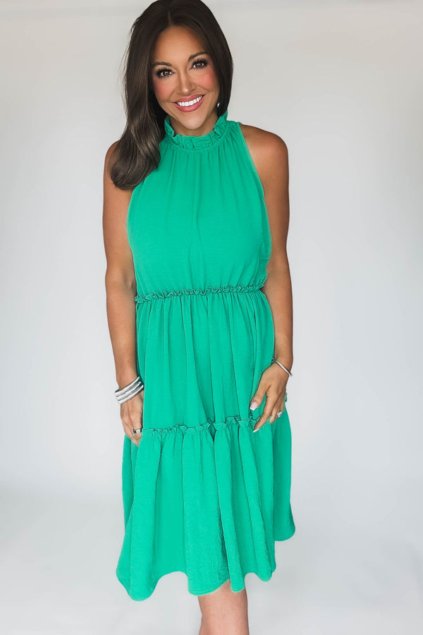 Halter Neck Green Tiered Layered Elastic Waist Dress