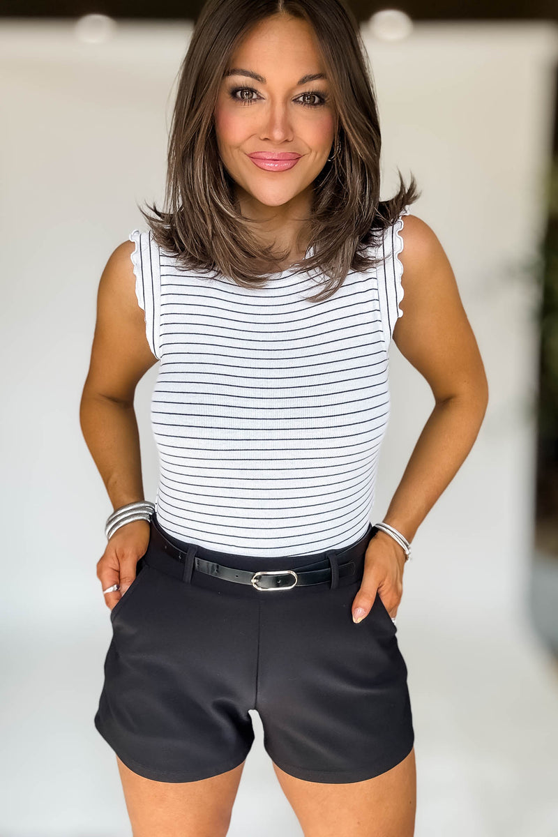Ribbed White And Black Ruffle Trim Sleeveless Stripe Top