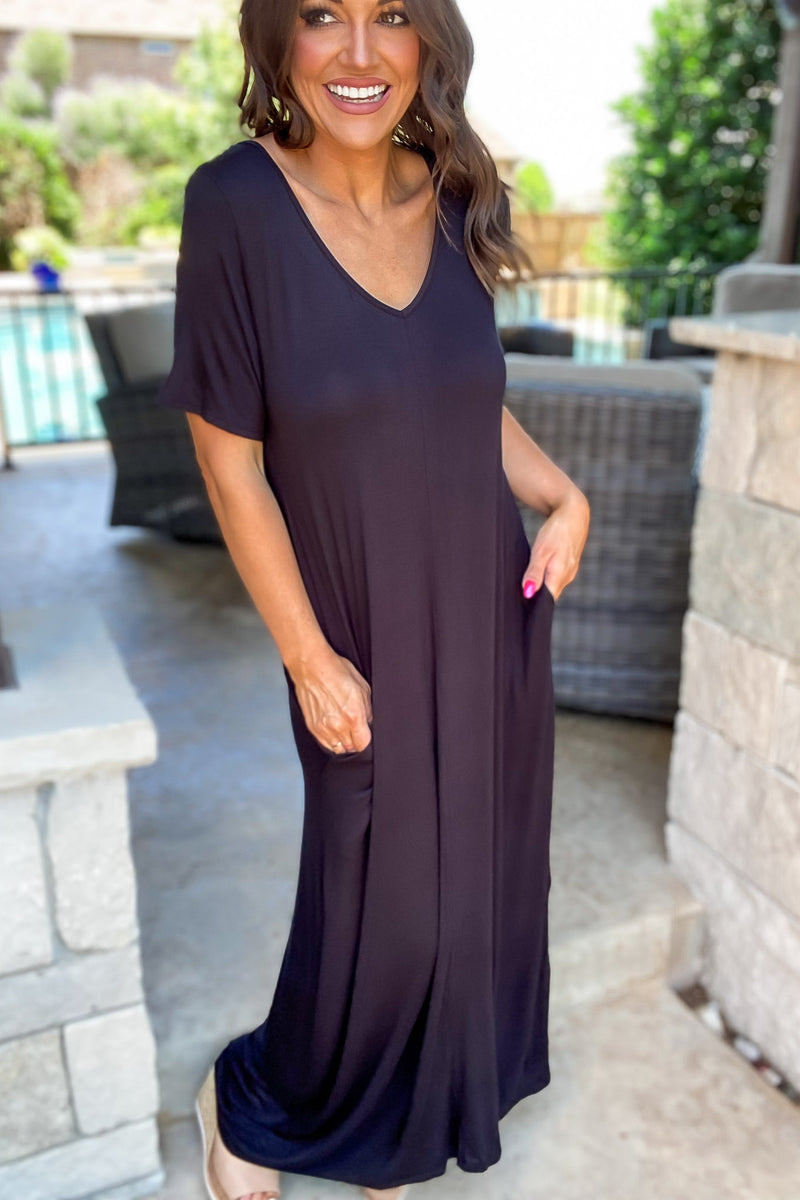 Enjoy The Day Black Basic Short Sleeve V Neck Maxi Dress