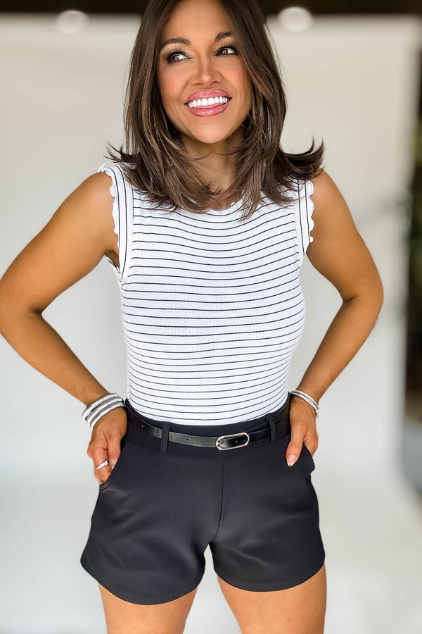 Ribbed White And Black Ruffle Trim Sleeveless Stripe Top