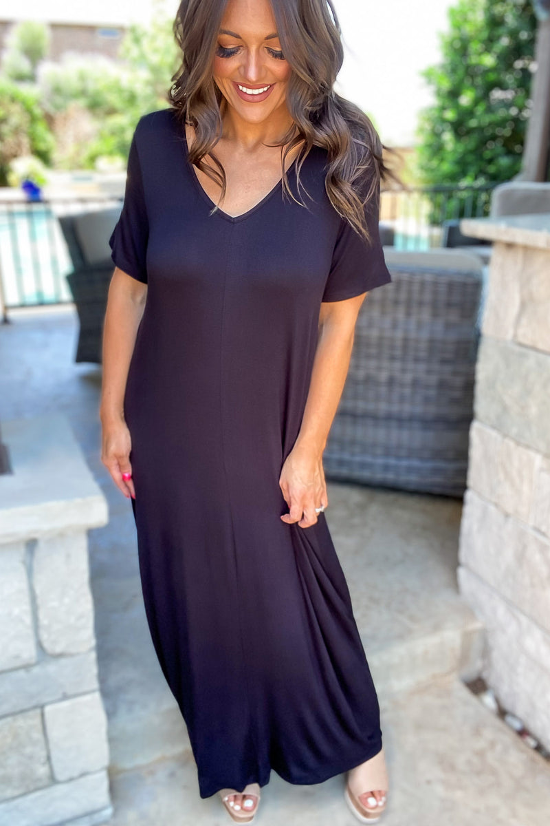 Enjoy The Day Black Basic Short Sleeve V Neck Maxi Dress