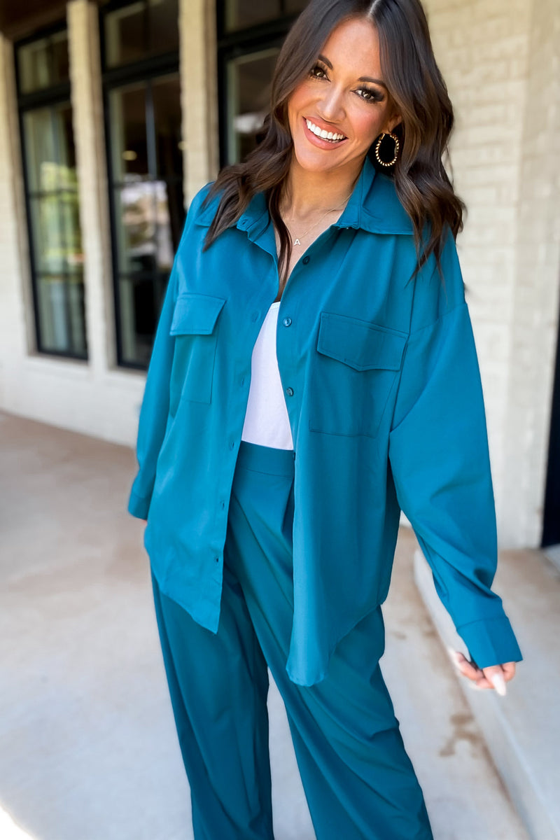 Start A Conversation Teal Button Down Top