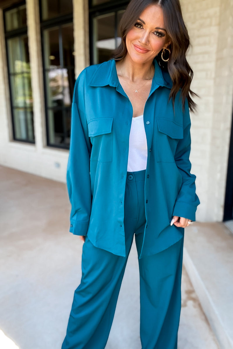 Start A Conversation Teal Button Down Top