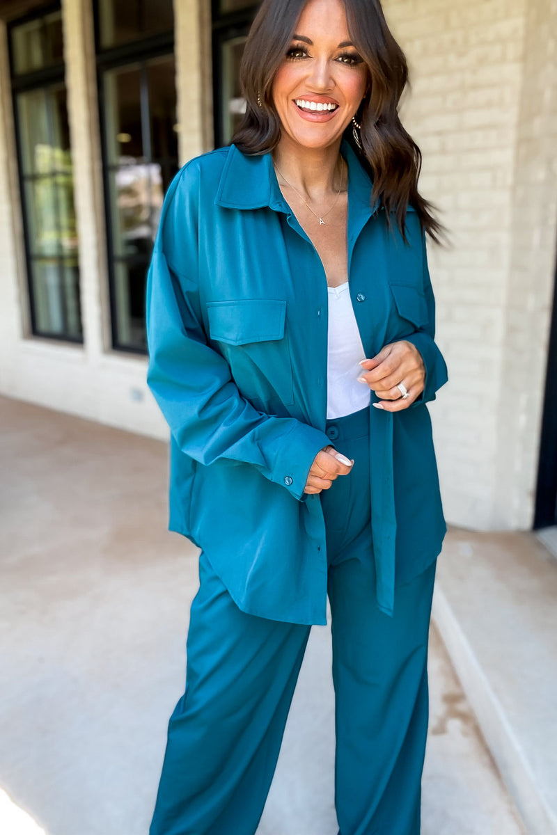 Start A Conversation Teal Button Down Top
