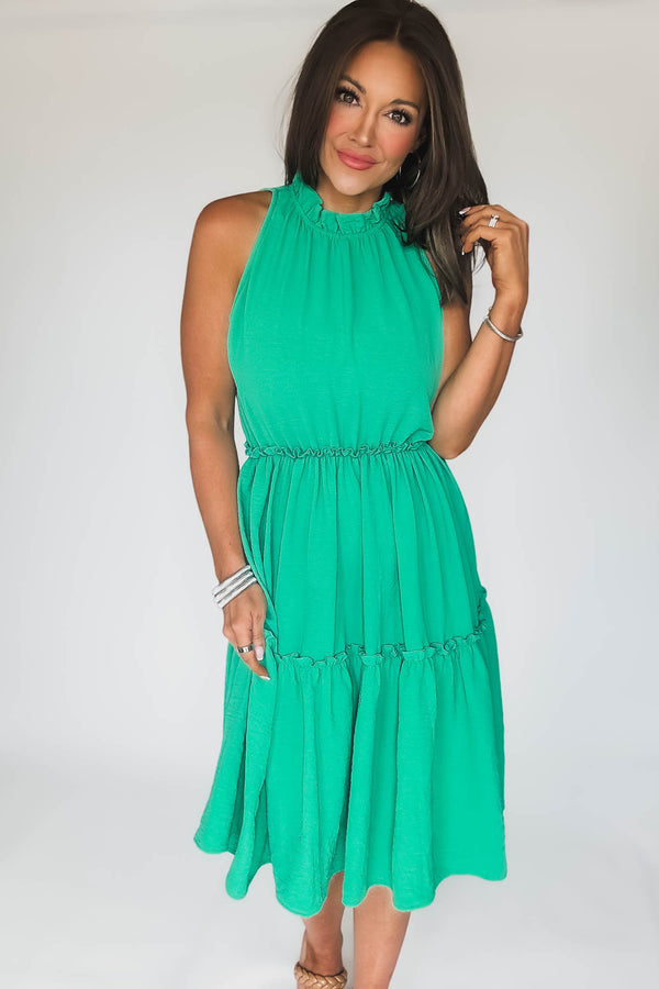 Halter Neck Green Tiered Layered Elastic Waist Dress