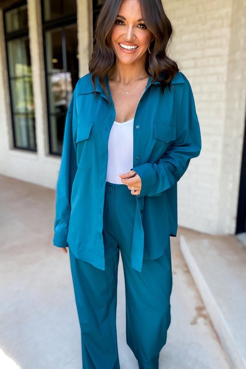 Start A Conversation Teal Button Down Top
