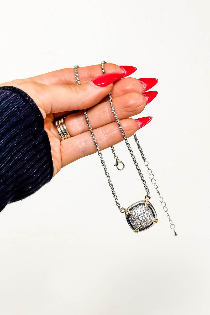 14K Gold Plated CZ Stone Paved Square Necklace