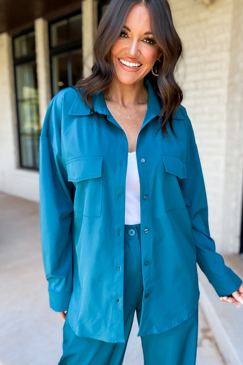 Start A Conversation Teal Button Down Top
