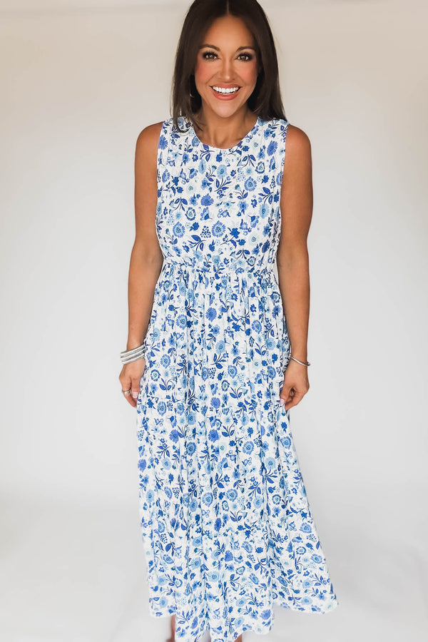 Blue Round Neck Floral Print Tiered Layered Maxi Dress