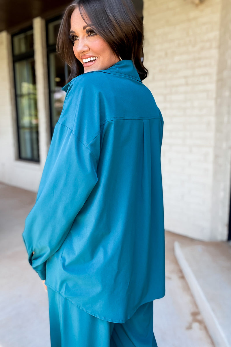 Start A Conversation Teal Button Down Top
