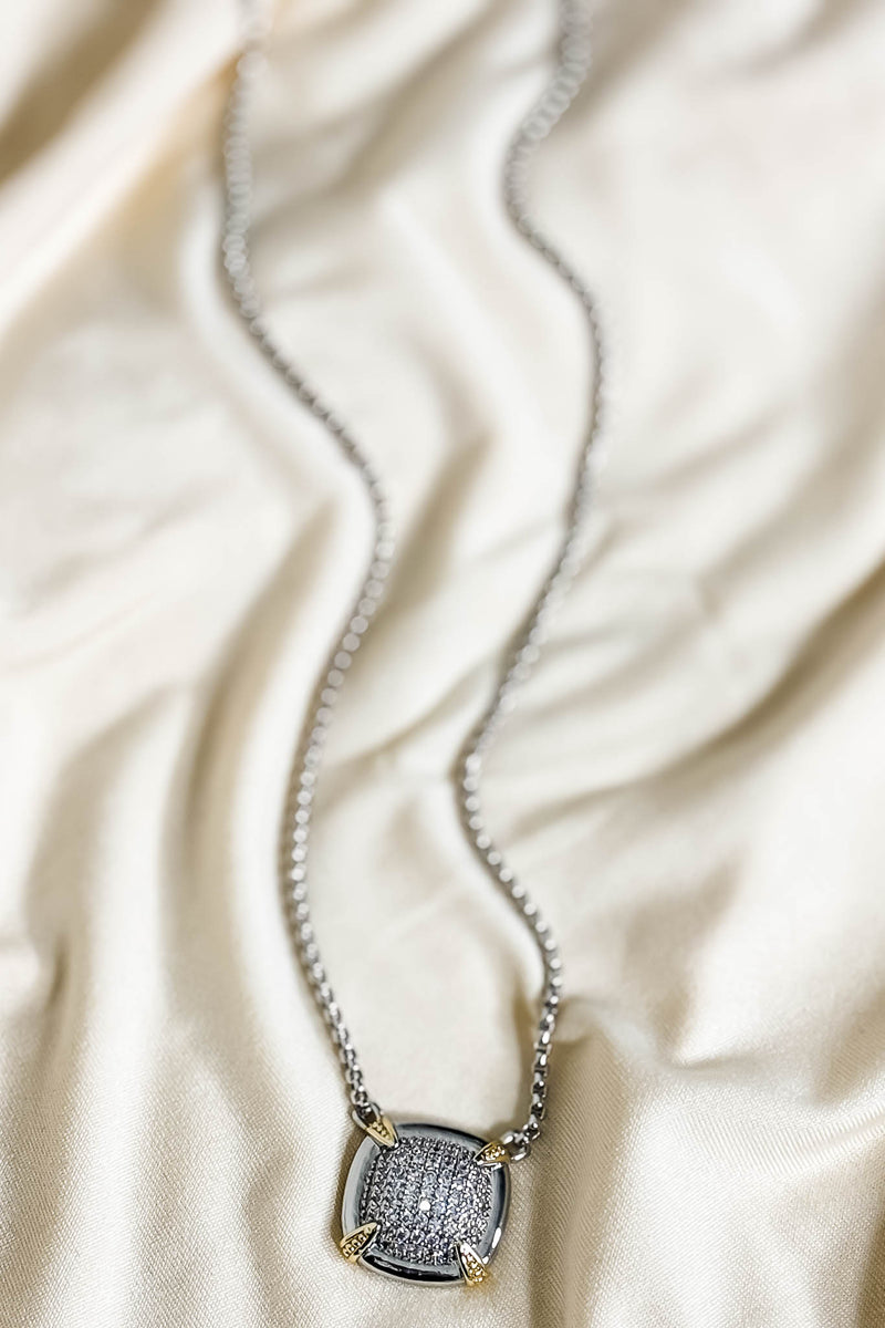 14K Gold Plated CZ Stone Paved Square Necklace