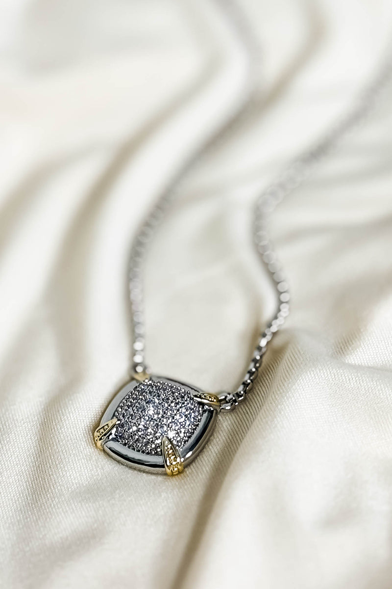 14K Gold Plated CZ Stone Paved Square Necklace